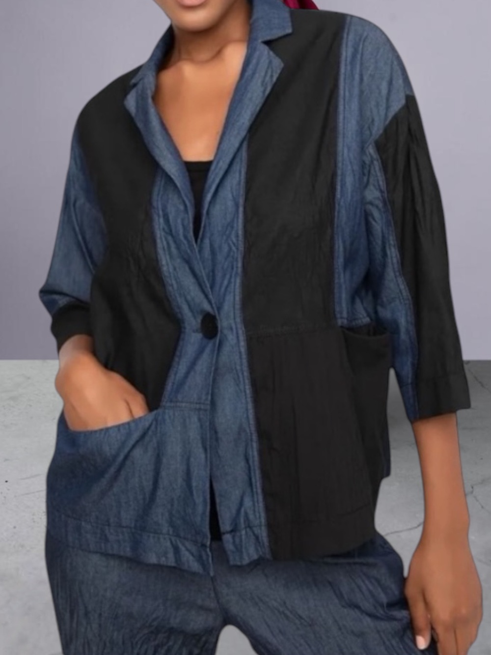 OZAI N KU BAMBAKI CRINKLE PATCH SHIRT JACKET DENIM